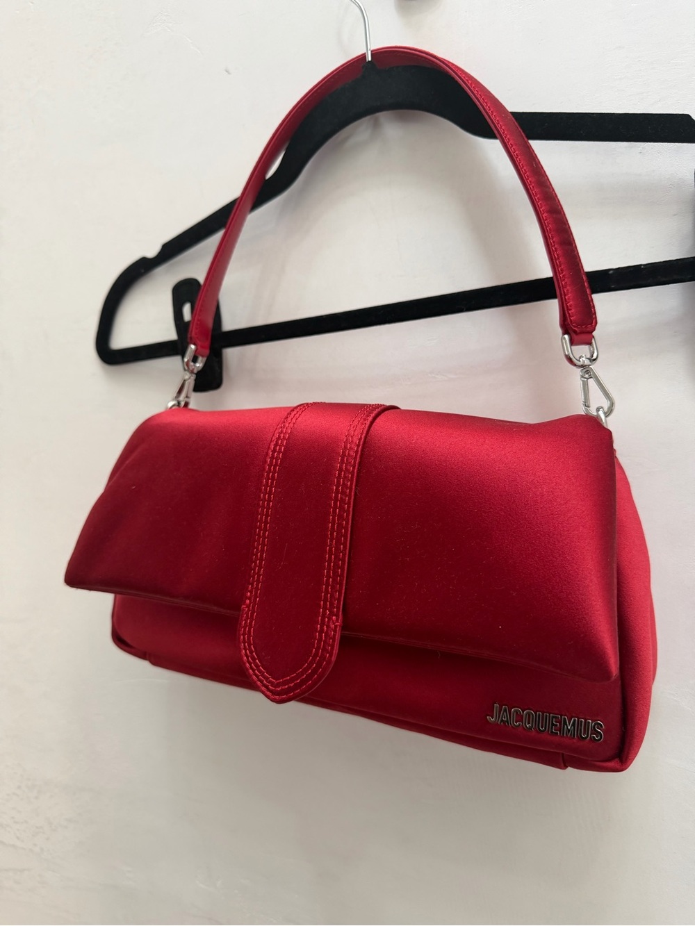 Jacquemus Satin Red Shoulder Bag with Top Handle